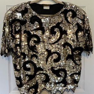 Vintage Sequin Top Black Silver Disco